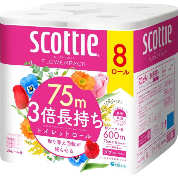 【お一人様６個まで】スコッティ フラワー３倍長持ち ダブル ７５ｍ８Ｒ/トイレロール　ペーパー