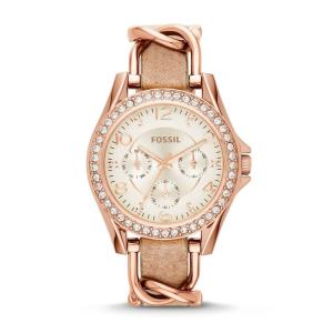 FOSSIL Riley フォッシル ライリー ローズゴールド ベージュレザー チェーン クリスタル...