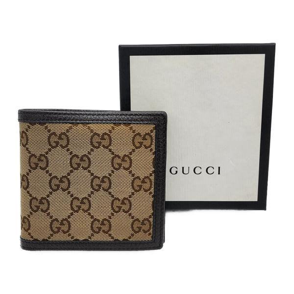 グッチ 財布 GUCCI 二つ折り財布 GG キャンバス レザー ベージュ ブラウン 箱付き