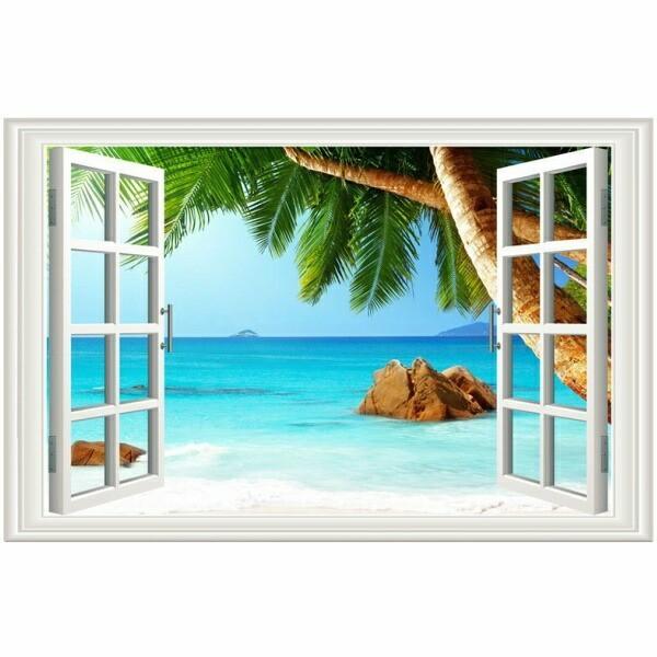 ウォールステッカー 窓 海 南国 ビーチ おしゃれ ヤシの木 インテリア ステッカー 窓の景色 お風...