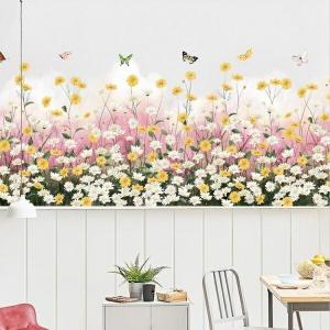 ウォールステッカー 花 植物 おしゃれ 蝶 北欧 カフェ モダン シール インテリア 雑貨 壁ステッカー お花畑 黄色 白色 ピンク 春 花壇 フェンス vr02484