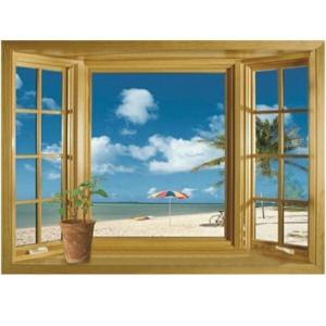ウォールステッカー 窓 南国 海 おしゃれ シール お風呂 風景 景色 ビーチ トイレ キッチン 波 海沿い インテリア ハワイ 青 ブルー 植物 木 雲 マリン vr0257