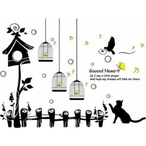 ウォールステッカー 猫 かわいい 動物 おしゃれ 子供部屋 英字 黒猫 ねこ ネコ モノトーン 植物 キャッツ モノクロ 黒色 鳥篭 フェンス 猫好き 猫cafe vr0784