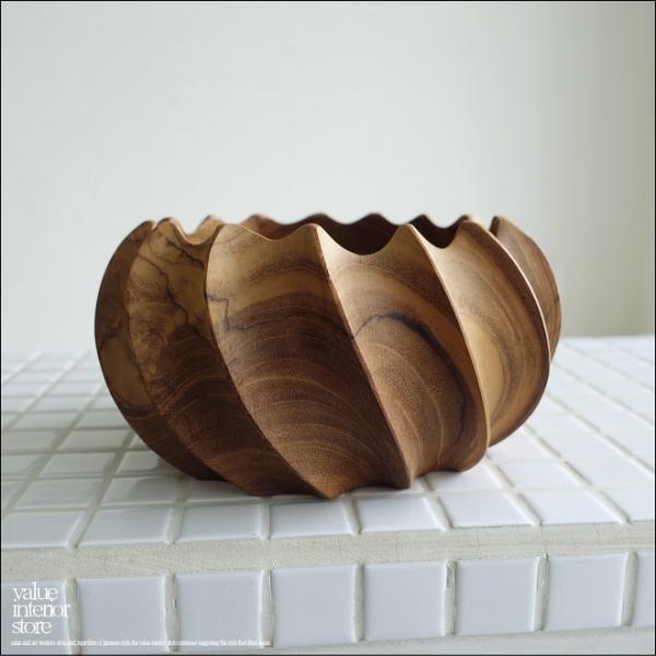 チーク無垢材 スパイラルボウル 菓子鉢 サラダボウル 小物入れ アウトドア食器 木の食器 木鉢 ナチ...