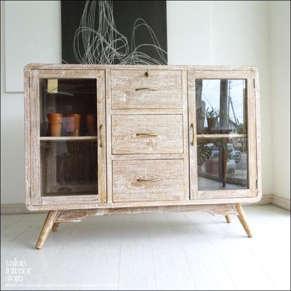 無垢材 buffet2枚扉/WW サイドボード 食器棚 飾り棚 キッチンボード ホワイトインテリア ...