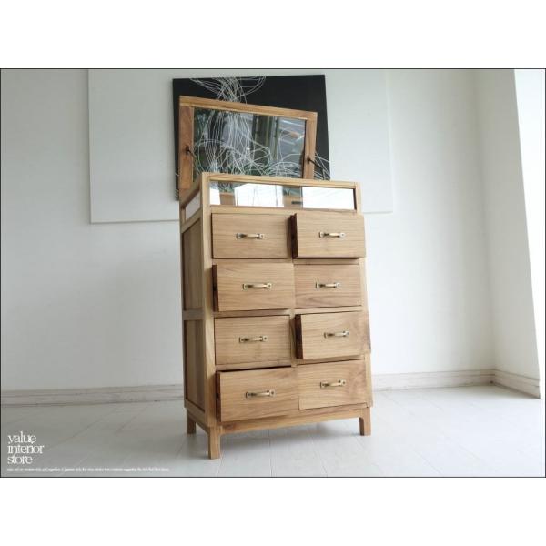 チーク無垢材 ショーケース付チェストN 整理タンス ナチュラル 箪笥 ガラスケース 収納 引出し八杯...