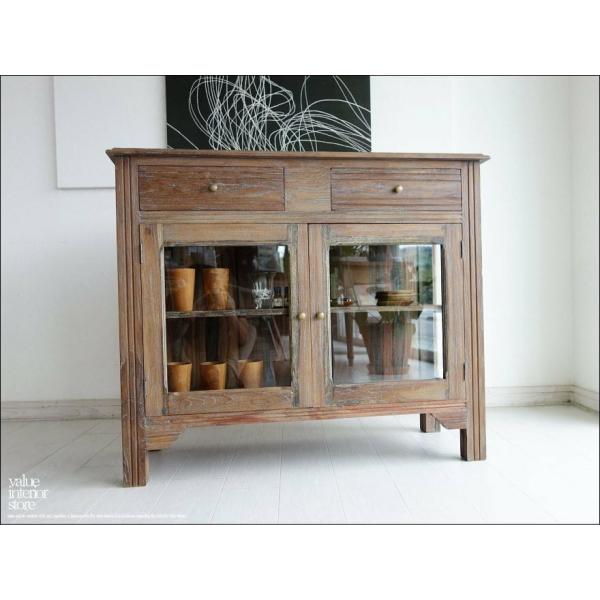 チーク総無垢 ガラスキャビネットBalq 食器棚 飾り棚 ガラスケース シャビー 収納家具 開き戸 ...
