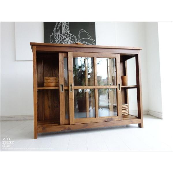 無垢材 引戸ガラスキャビネットMed 食器棚 飾り棚 カウンター キッチン収納 ガラスケース チーク...