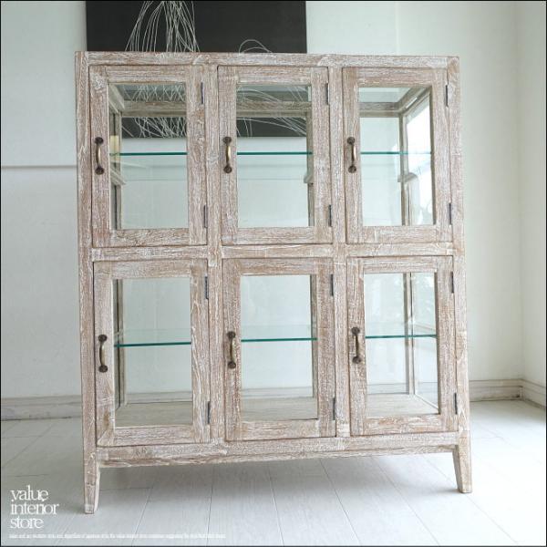 チーク無垢材 ガラスパンケース6枚扉WW ショーケース 陳列棚 コレクションケース 食器棚 店舗什器...