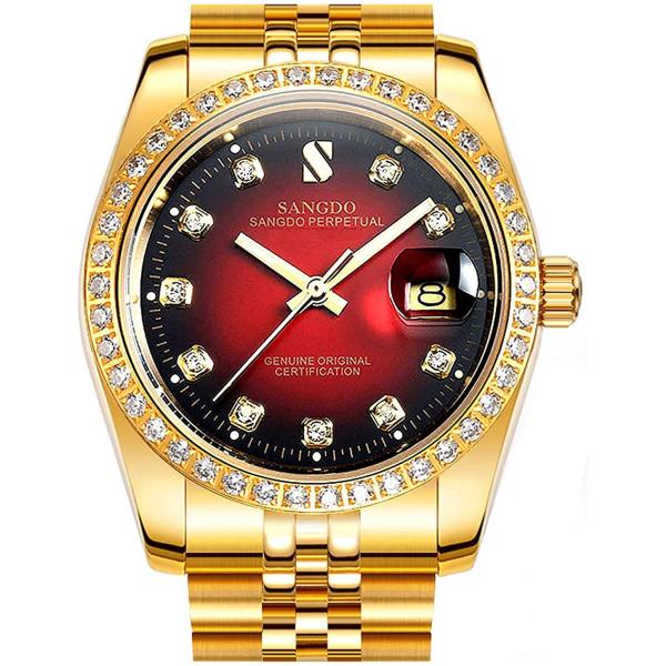 Gosasa メンズ自動巻機械式腕時計 ダイヤモンド付き赤い文字盤 ゴールドステンレススチールベルト