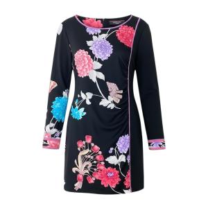 14f15 LEONARD FASHION レオナール ロングスリーブ チュニックワンピース カンカン素材 美しい花柄プリント サイズ40 ブラック 画像参照 レディース 女性服u02t