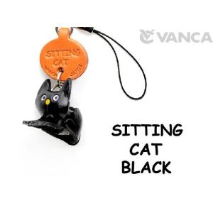 本革携帯 猫ストラップ 黒ねこちゃん おすわり 黒ネコ バンカクラフト 革物語 VANCA CRAFT レザー 手作り 雑貨 革小物 黒猫 名入れ｜vanca