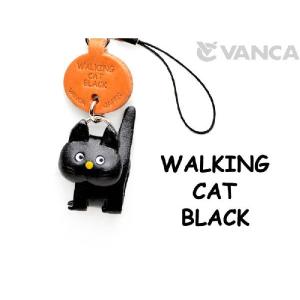 本革携帯 猫ストラップ 黒ねこちゃん あるき 黒ネコ バンカクラフト 革物語 VANCA CRAFT レザー 手作り 雑貨 革小物 黒猫 名入れ