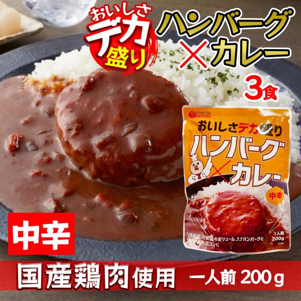 デカ盛り ハンバーグカレー レトルトカレー 国産鶏肉 使用 200g 1人前 × 3食セット 中辛 ...