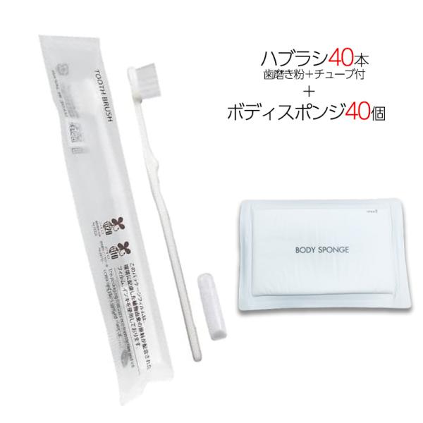 国産歯ブラシ 歯磨き粉チューブ3g付き 40本 ＋ 圧縮ボディスポンジ 40個 計80点セット 個包...