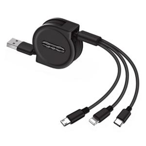 3in1 巻き取り 充電ケーブル ブラック 1.2m USBケーブル MicroUSB Type-C iPhone マルチケーブル マイクロUSB タイプC _｜vaps