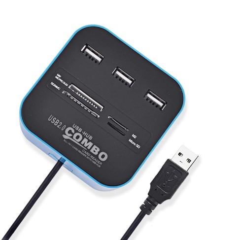 USB2.0 コンボ カードリーダー USBハブ ブルー 3ポート micro SD メモリースティ...