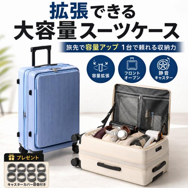 スーツケース 20インチ 機内持ち込み フロントオープン 拡張機能 キャリーケース 軽量 静音双輪キ...