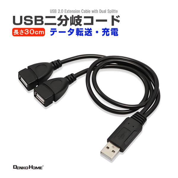 USB 2.0二股 延長ケーブル 2分岐 延長コード データ転送 充電 汎用 高速データ転送 電源コ...