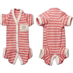 TONY HOBY 犬避妊術後服 男女別け 半袖 4足 背中開き 犬用パジャマ シンプルなストライプ柄 100％コットン生地 小型犬術後ウエア 季節