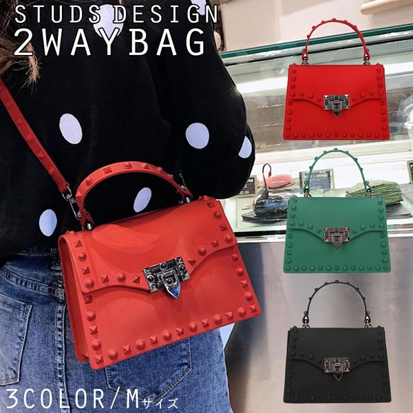 ファッショナブルなワンカラーのスタッズ付きバッグ ショルダーバッグ ハンドバッグ Mサイズ VA02...