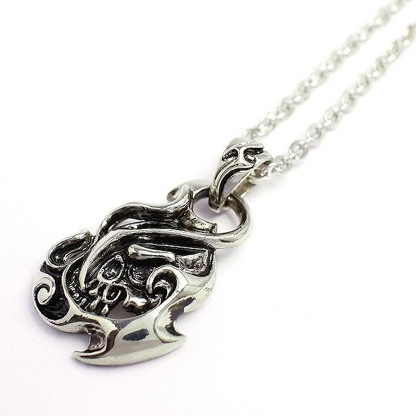 いぶし加工風 炎モチーフにスカルデザインのメンズシルバーネックレス 鬼火 髑髏 SPST020 メン...