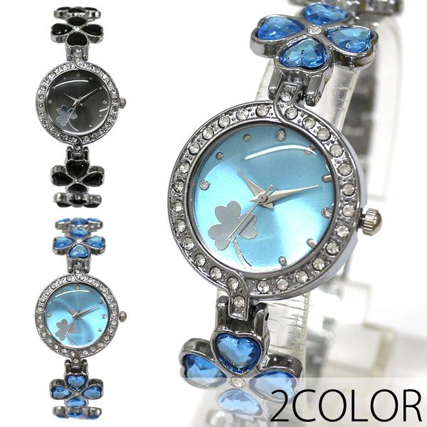 四つ葉のクローバーのストーンがかわいい 細ベルト ブレスレットタイプ レディースウォッチ SPST0...