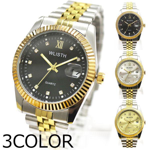 上品なポイントストーンインデックスに日付カレンダー ラインストーン 高級感 メタルベルト クオーツ ...