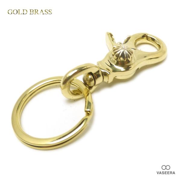 ブラス(真鍮) キーホルダー  フローラルクロス カラビナ フラット二重リング（平型二重カン）キーリ...