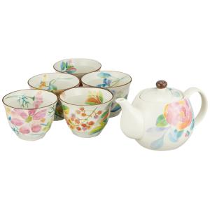 セラミック藍 花水彩 5客ポット茶器 マルチカラー サイズ：約W26