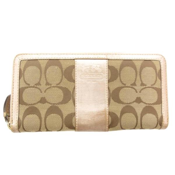 コーチ COACH 長財布 ラウンドジップ シグネチャー キャンバス 茶 ブラウン ピンク /JS ...