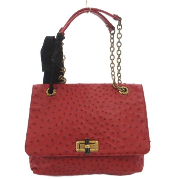 ランバン LANVIN ハンドバッグ トート 肩掛け オーストリッチ レザー ターンロック 赤 レッ...