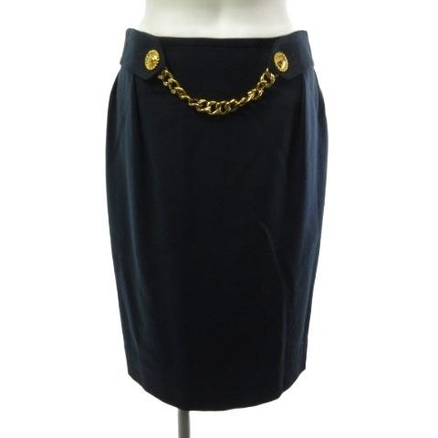 セリーヌ CELINE ひざ丈 スカート チェーン付 トリオンフ ゴールドカラーボタン グリーン 緑...