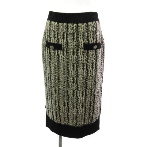 マリークワント MARY QUANT ツイード スカート 膝丈 ウエストゴム ブラック 黒 M レデ...