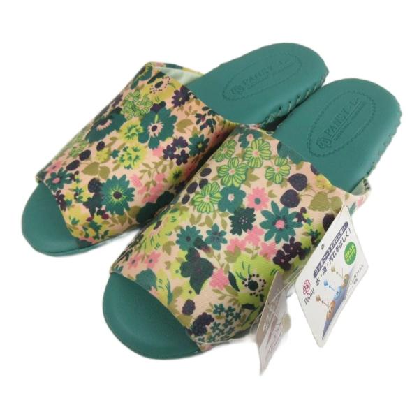未使用品 パンジー PANSY タグ付き スリッパ 部屋履き ルームシューズ 花柄 緑 グリーン レ...
