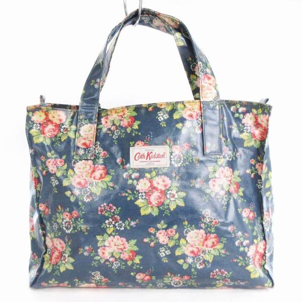 キャスキッドソン Cath Kidston トートバッグ ハンド ジッパー開閉 花柄 紺系 ネイビー...