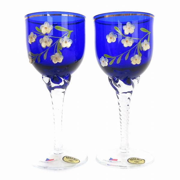 未使用品 ボヘミア グラス BOHEMIA GLASS ワイングラス 2客 セット 花柄 青 ブルー...