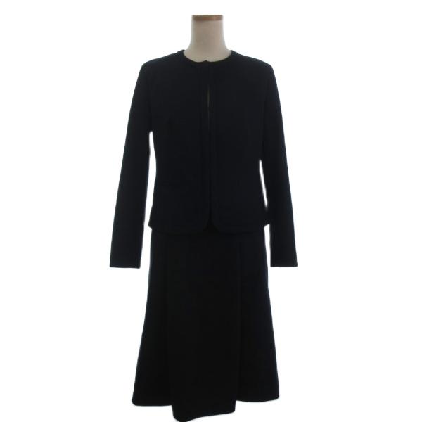 ミッシェルクラン スーツ ノーカラー ジャケット ブレザー フックボタン スカート ひざ丈 無地 黒...