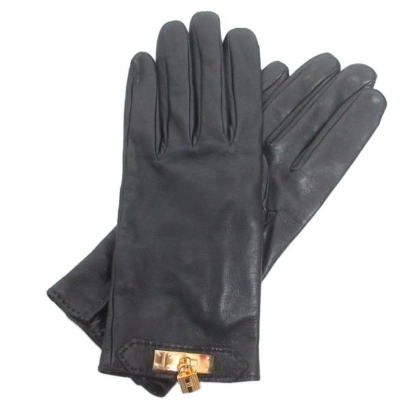 エルメス HERMES 美品 グローブ 手袋 カデナチャーム 南京錠 レザー 黒 ブラック 7.5 ...