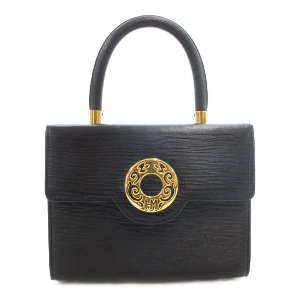 ハナエモリ HANAE MORI ハンドバッグ バニティ スクエア ゴールド金具 レザー 黒 ブラッ...
