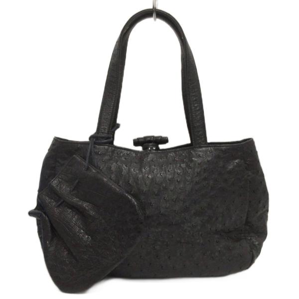 トートバッグ 肩がけ ポーチ付き オーストリッチ 黒 ブラック 鞄 レディース