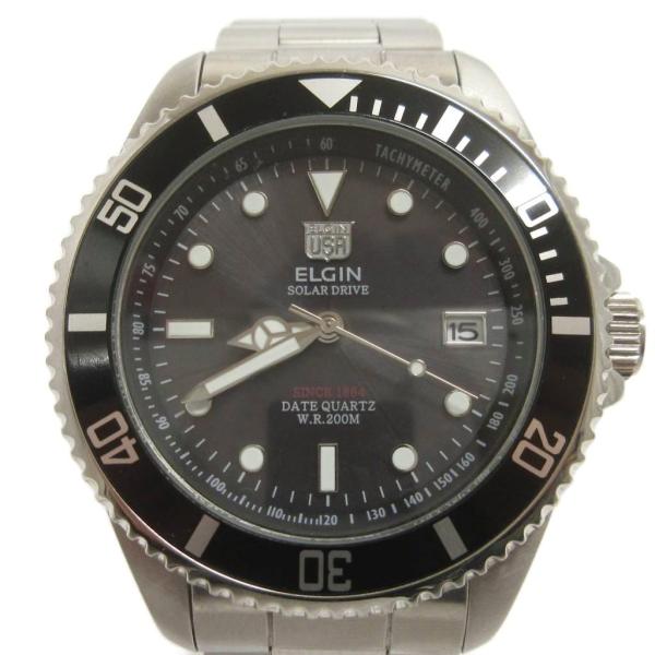 エルジン ELGIN  腕時計 ソーラー デイト 3針 FK-1426-FL 文字盤 黒 シルバーカ...