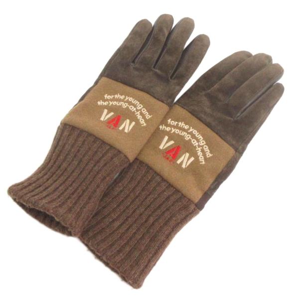 ヴァン ヂャケット VAN JAC グローブ 手袋 スエード ニット ロゴ刺繍 茶 ブラウン 小物 ...