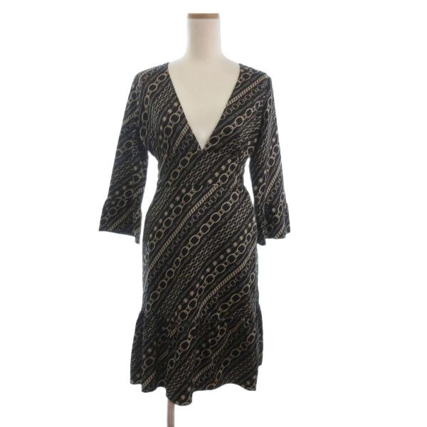 イマージュ iMAGE 美品 ワンピース 長袖 ひざ丈 総柄 チェーン柄 黒 ブラック 7 ■GY3...