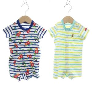 ミキハウス mikihouse 美品 2点セット ベビー服 ロンパース ボーダー ボタンフライ 丸首 70 白 ホワイト 黄 イエロー 青 ブルー /MG