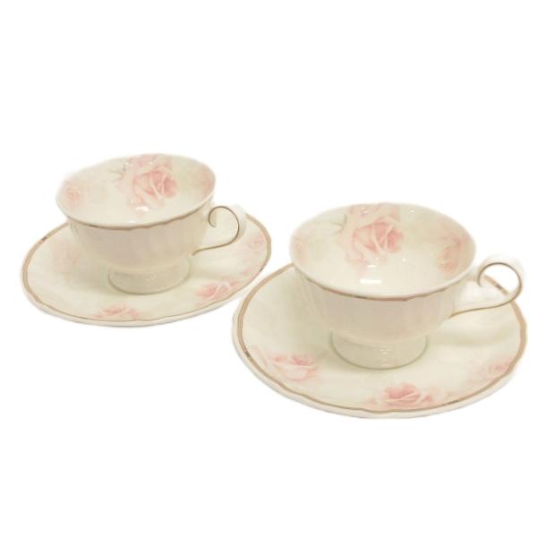 美品 NARUMI ナルミ 2客セット ティーカップ コップ ソーサー 皿 バラ 花がら 白 ホワイ...
