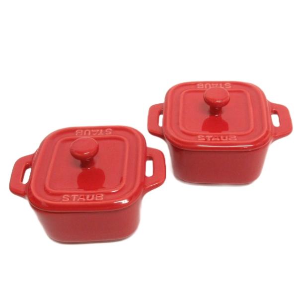 未使用品 ストウブ STAUB 2個セット EXミニ スクエア ココット セラミック 赤 レッド 食...