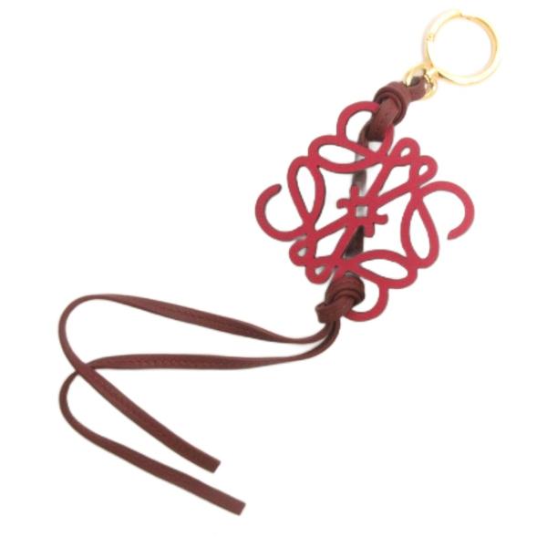 ロエベ LOEWE 美品 アナグラム チャーム キーホルダー ストラップ レザー 赤系 レッド系 小...