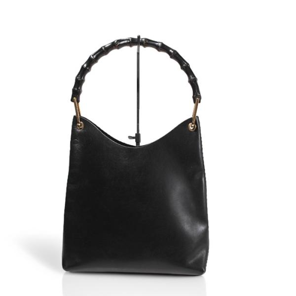 GUCCI グッチ バンブーハンドル ポーチ付き レザー ハンドバッグ BLACK ブラック 001...