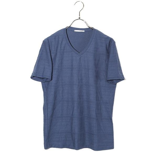 BLUE TORNADO ブルートルネード ジャガード ボーダー Vネック 半袖Tシャツ カットソー...